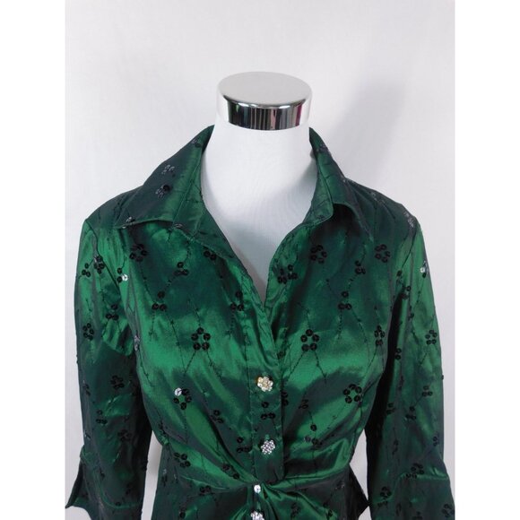 Cachet Jacket Womens 12 Green Embellished Satin Finish Rhinestone Buttons Dressy - Picture 3 of 12